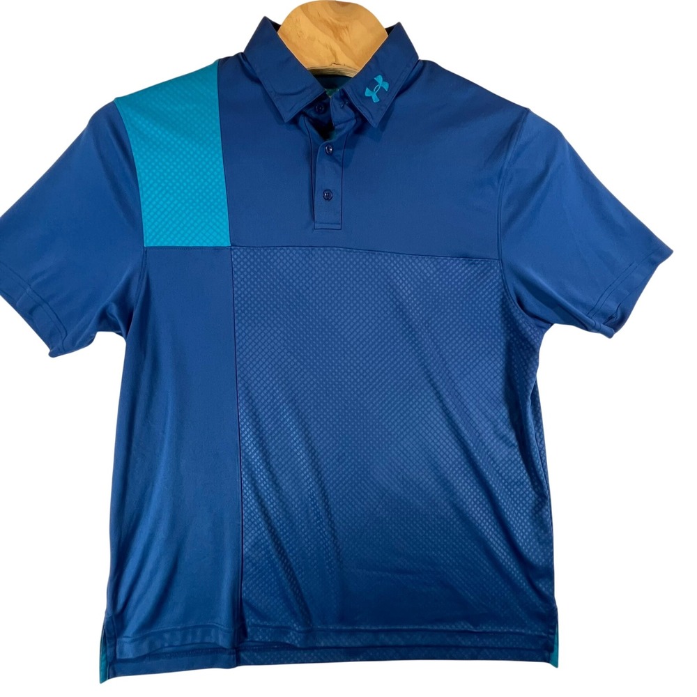 Under Armour Polo Shirt Mens XL Blue Teal HeatGear Loose Fit Colorblock Golf